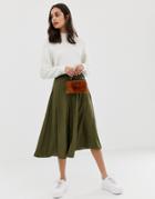 Asos Design Button Front Floaty Midi Skirt With Pleats - Green