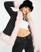 The Ragged Priest Y2k Coat In Faux Leather With Contrast Pink Fur-black