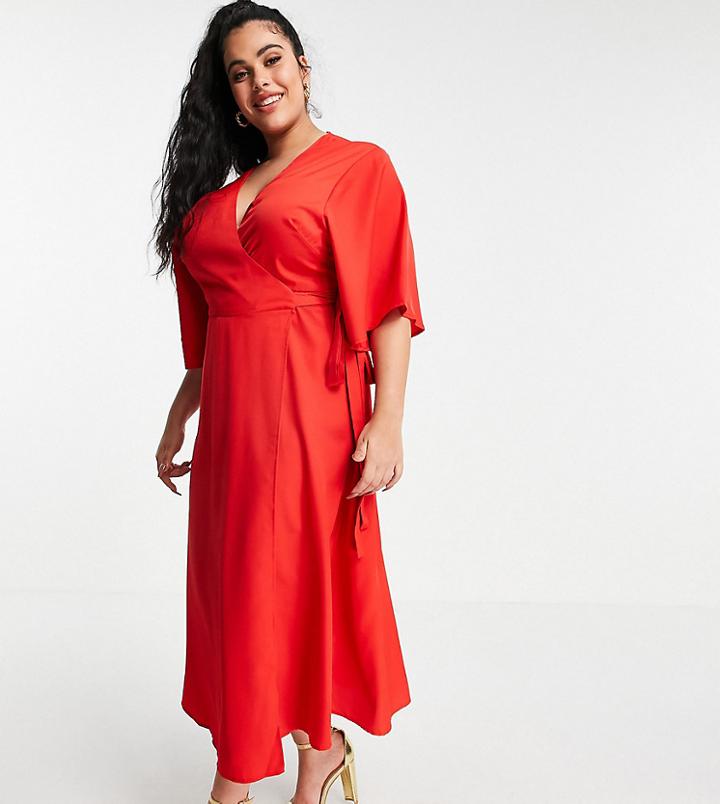 Liquorish Curve Wrap Midi Dress In Red