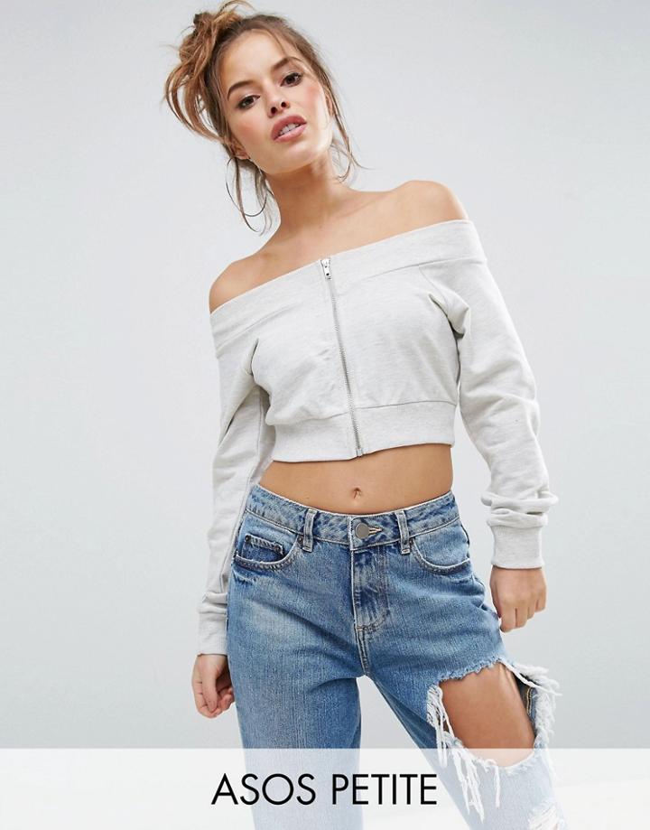 Asos Petite Cropped Zip Through Sweatshirt With Off Shoulder - Gray