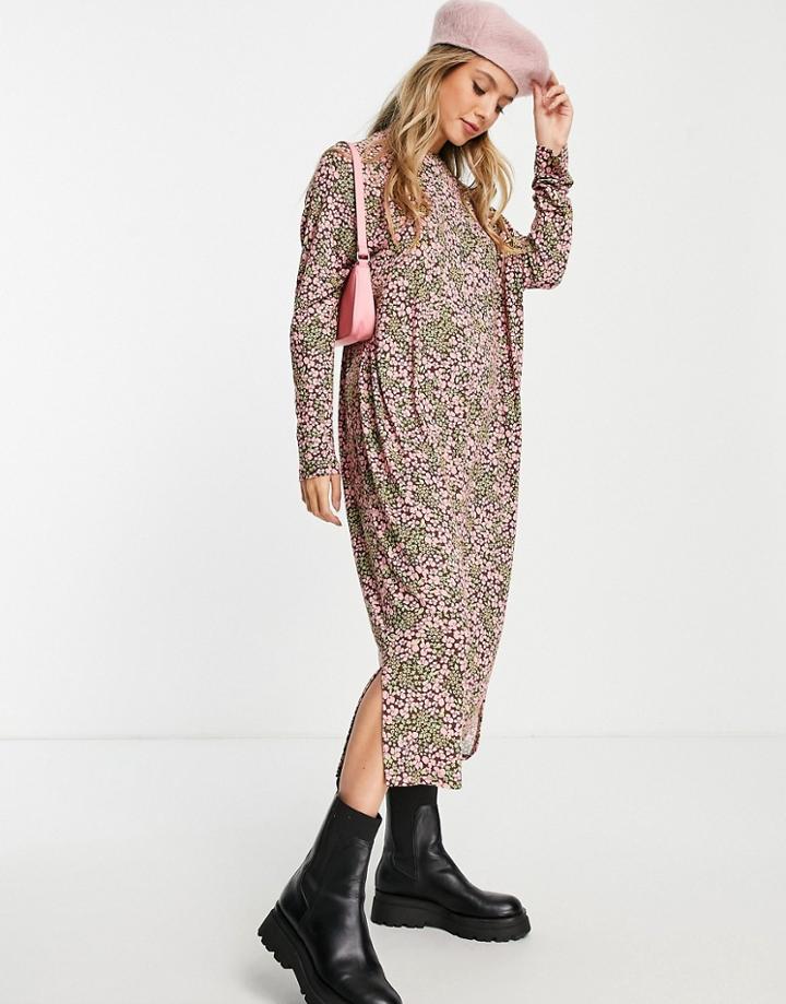 Monki Ecovero Long Sleeve Floral Midi Dress In Multi