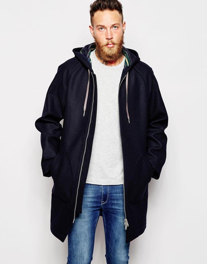 Ymc Parka In Bonded Wool & Blanket Stripe Hood - Navy