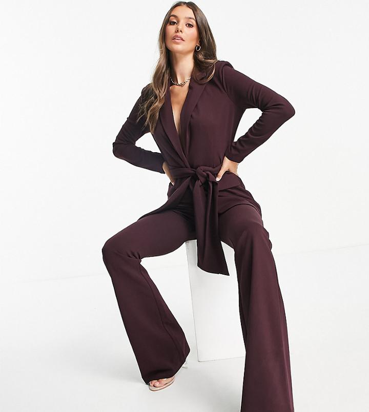 Asos Design Tall Jersey Blazer Suit With Obi Tie Waist In Wine-neutral
