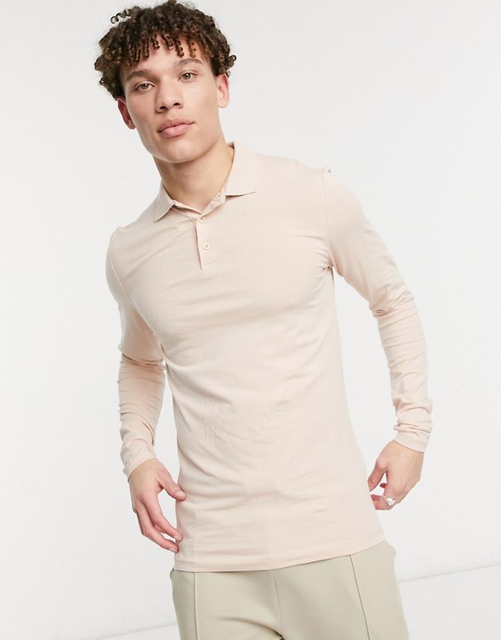 Asos Design Organic Long Sleeve Muscle Fit Polo In Pink