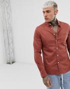 Asos Design Stretch Slim Fit Denim Shirt In Brown - Orange