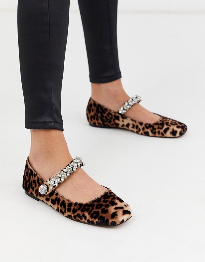 Asos Design League Mary Jane Ballet Flats With Rhinestones In Leopard-multi