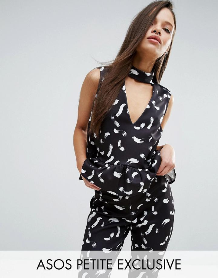 Asos Petite Top Mono Print With Peplum Co-ord - Black