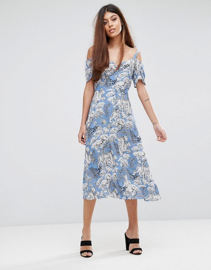 Warehouse Tiger Print Button Through Dress - Blue