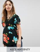 Asos Maternity Lace Trim Wrap Top In Floral - Multi