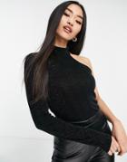 Ever New High Neck One Sleeve Top In Glitter Black