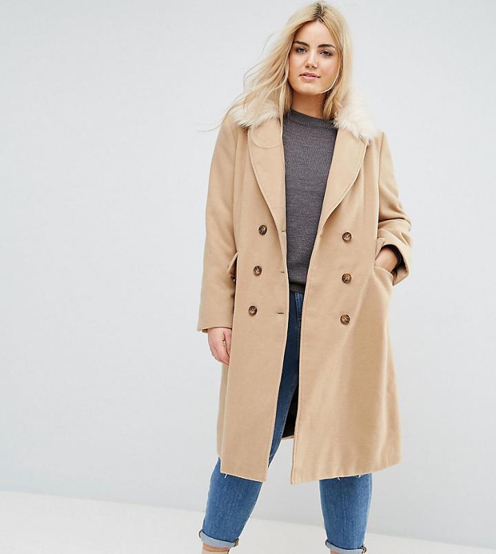 Brave Soul Plus Ashwich Double Breasted Coat With Faux Fur Collar - Beige