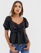River Island Milk Maid Top With Puff Sleeves In Black - Black