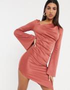 Asos Design Long Flare Sleeve Asymmetric Cut-away Neckline Midi Dress In Rust-orange