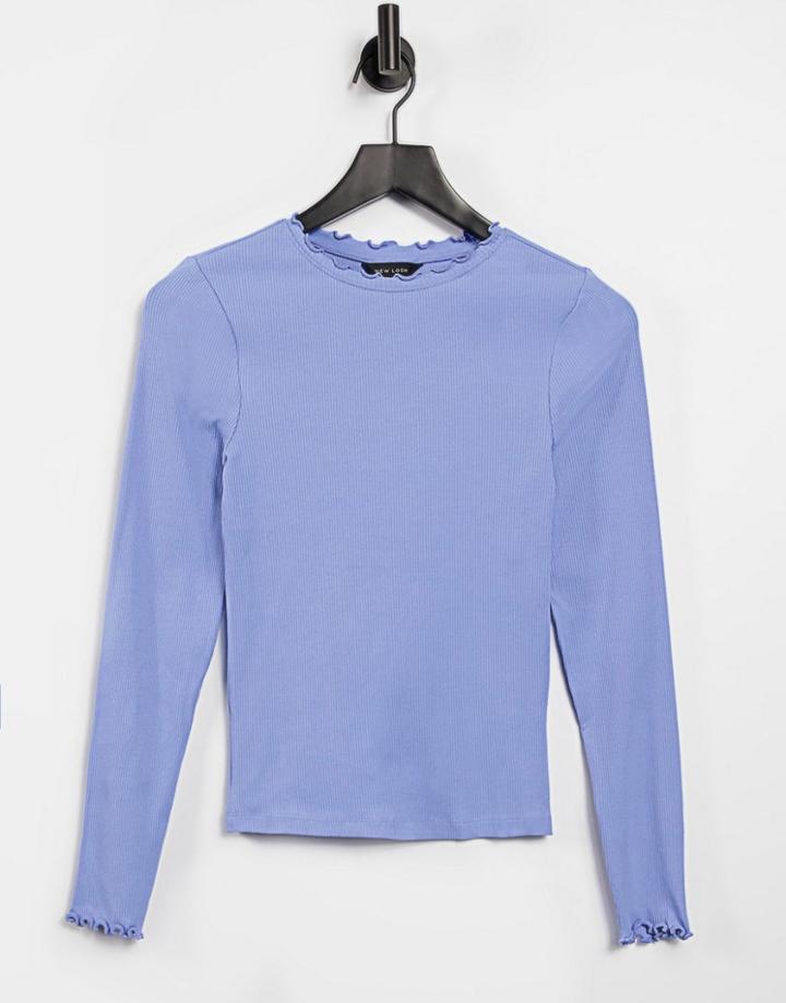 New Look Ruffle Neck Top In Blue-blues
