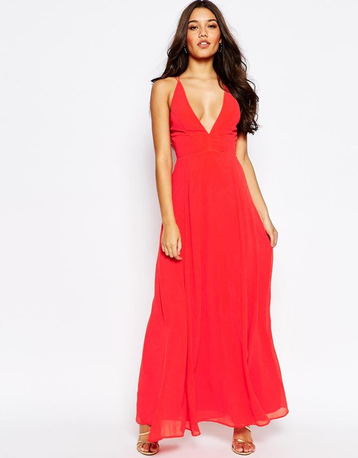Asos Deep Plunge Cami Maxi Dress - Hot Orange
