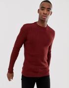Bershka Slim Ribbed Sweater In Red With Crew Neck - Red