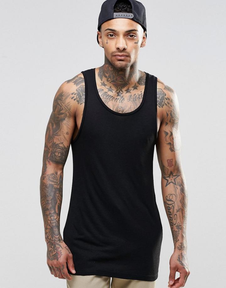 Asos Fine Rib Longline Muscle Vest With Raw Edge In Black - Black
