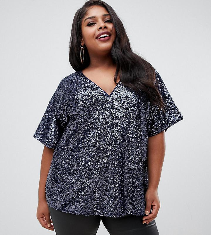 Asos Design Curve Oversized Tee In Sequin - Blue