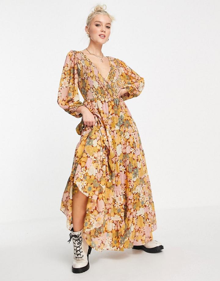 Asos Design Shirred Wrap Tiered Skirt Maxi Dress In Mustard Floral Print-multi