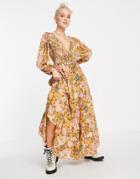Asos Design Shirred Wrap Tiered Skirt Maxi Dress In Mustard Floral Print-multi