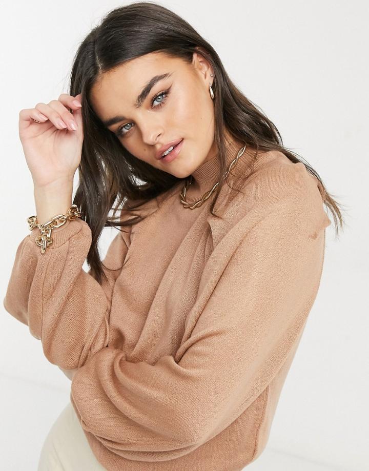Asos Design Sweater With Volume Sleeves And Open Back In Taupe-neutral