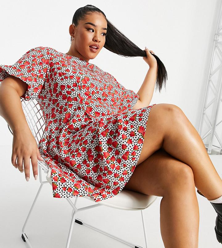 Simply Be Skater Dress With Ruched Sleeves In Strawberry Print-multi