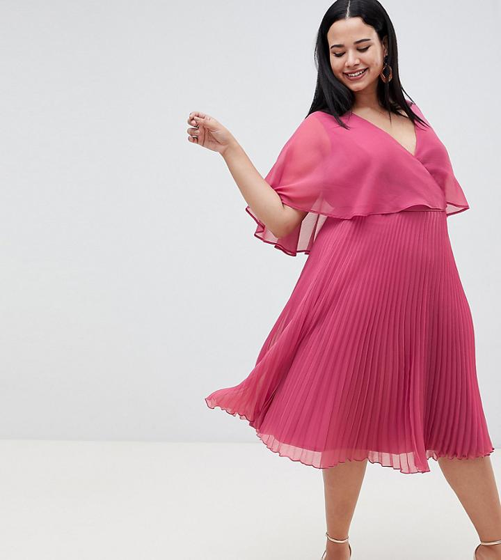 Asos Design Curve Flutter Sleeve Midi Dress With Pleat Skirt-pink
