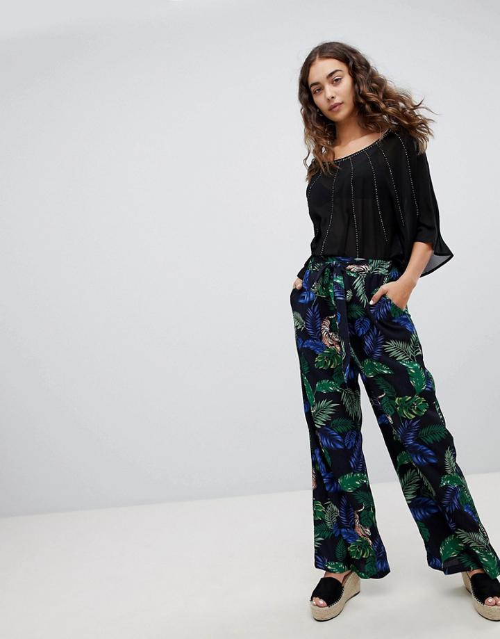 Qed London Leaf And Tiger Print Wide Leg Pants - Black