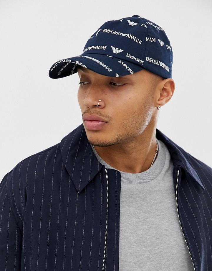 Emporio Armani All Over Logo Baseball Cap In Navy - Navy