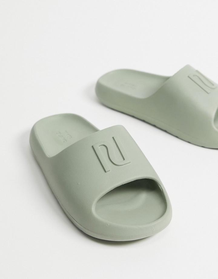 River Island Rubberized Minimal Logo Slides In Khaki-green
