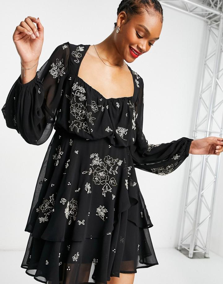 Asos Design Embellished Tiered Mini Dress With Blouson Sleeve-black