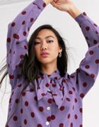 Monki Polka Dot Blouse With Pussy Bow Neck In Purple