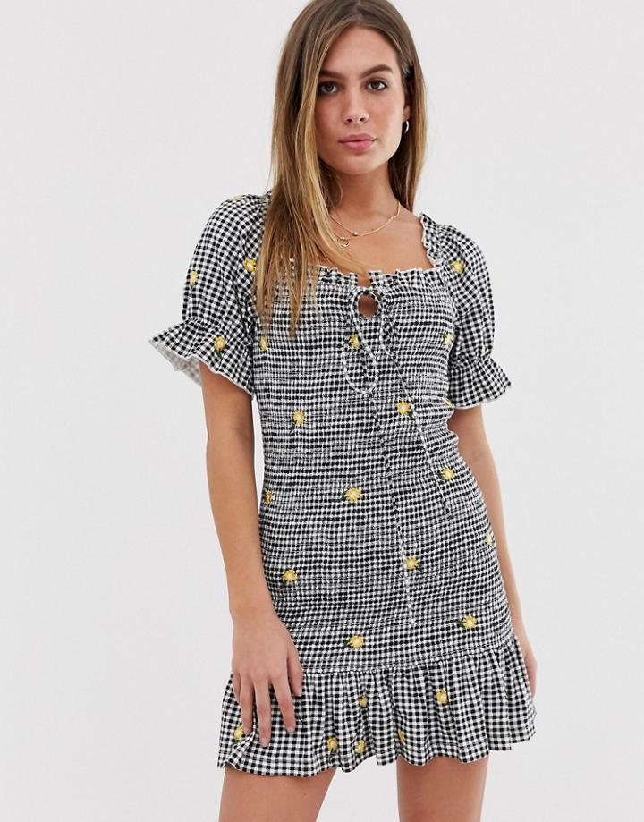 Asos Design Prairie Gingham Embroidered Shirred Sundress-multi