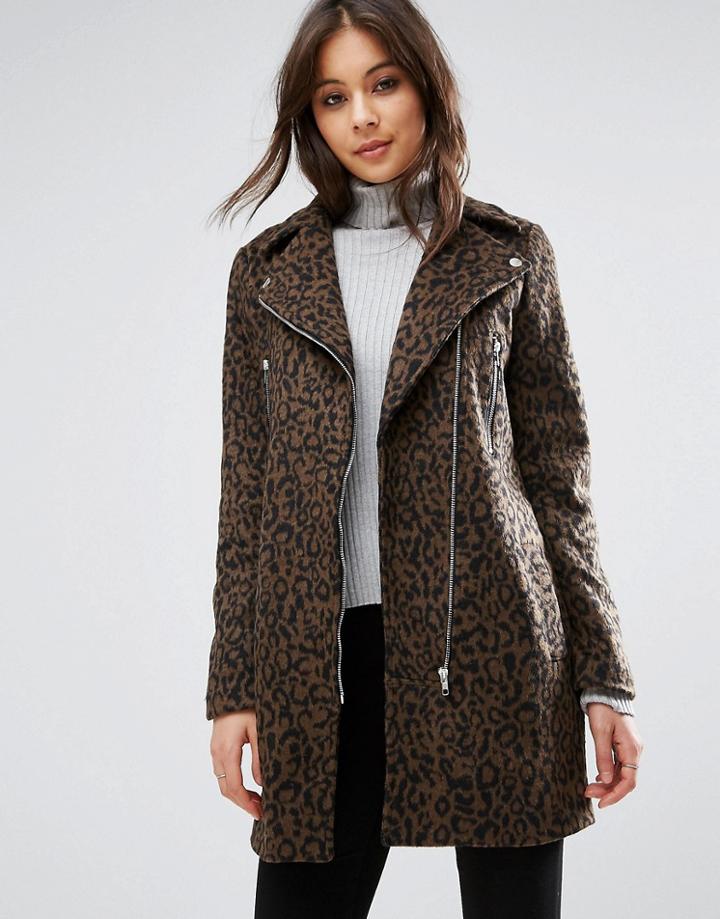 Missguided Wool Mix Leopard Biker Jacket - Multi