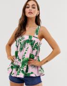 Asos Design Square Neck Cami In Seersucker In Tropical Print-multi