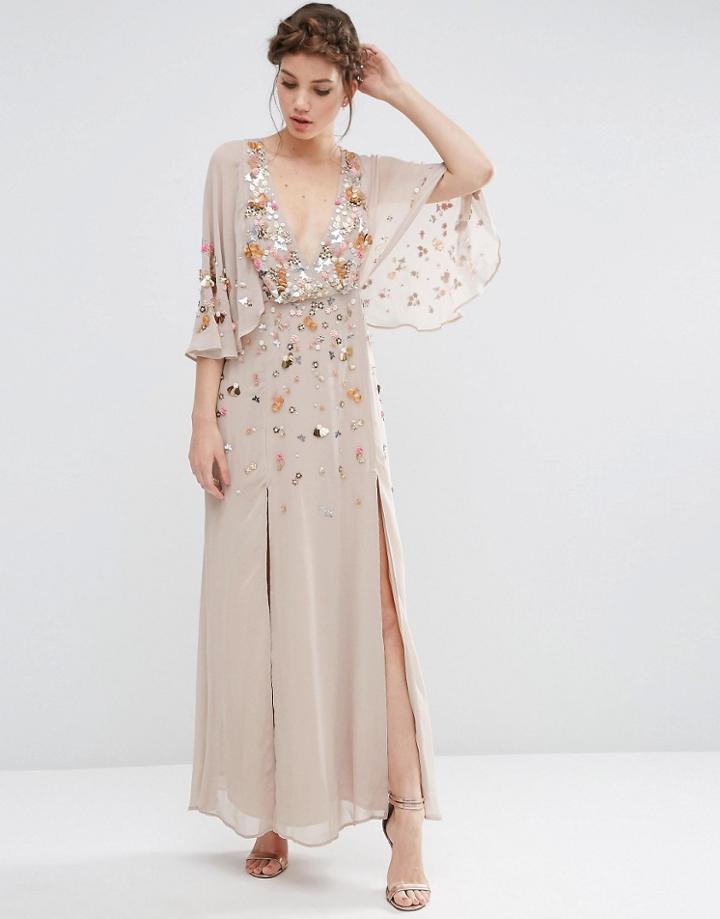 Asos Pretty Embellished Deep Plunge Kimono Maxi Dress - Mink