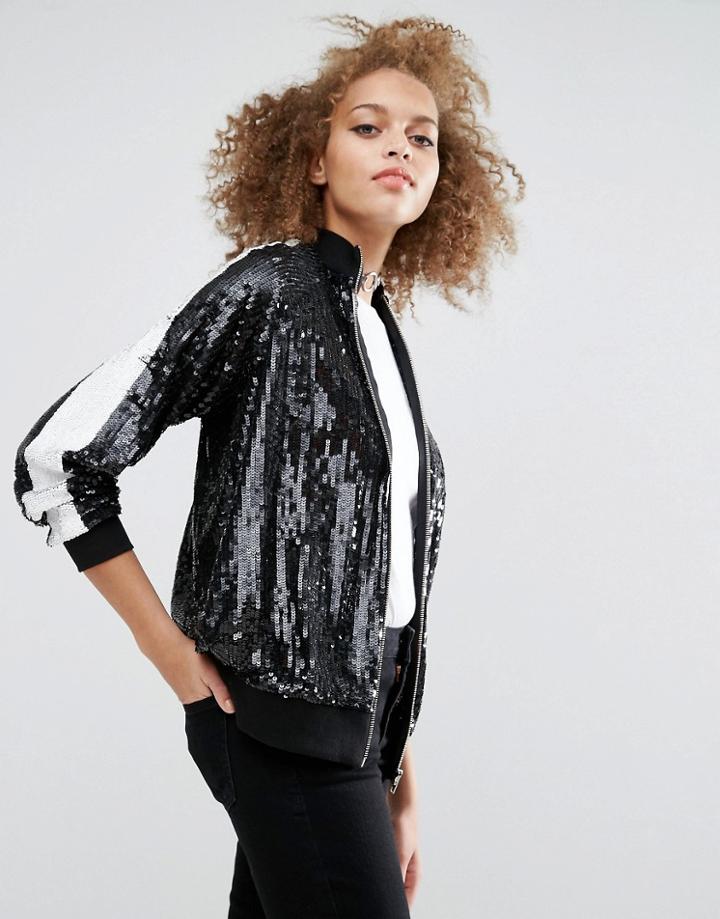 Asos Bomber Jacket With Stripe Sleeve - Black