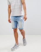 Asos Design Denim Shorts In Super Skinny Mid Wash Blue With Abrasions - Blue