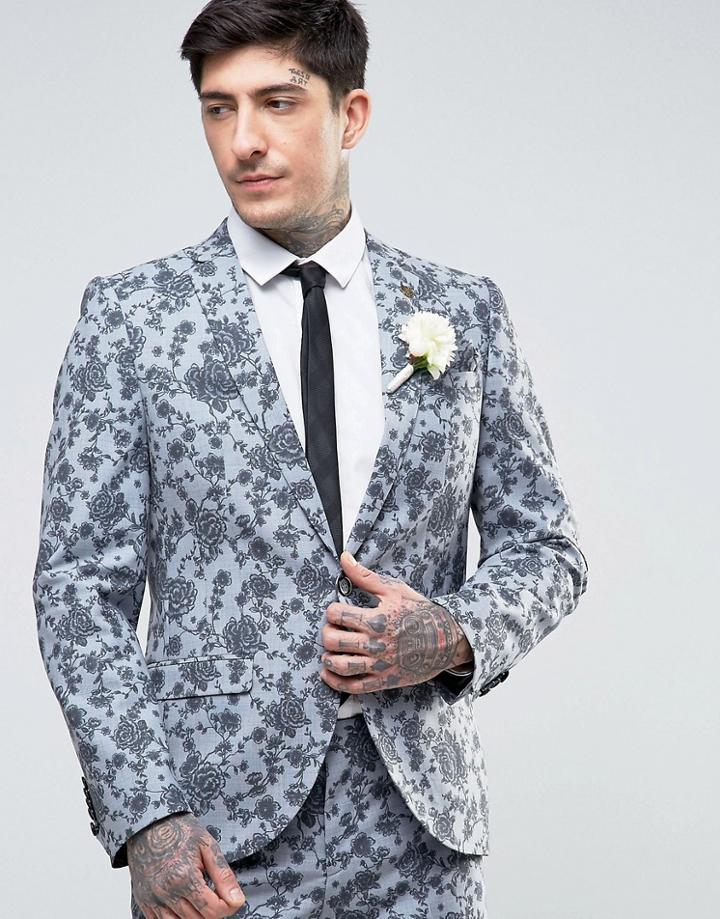 Noose & Monkey Super Skinny Wedding Suit Jacket In Floral - Blue