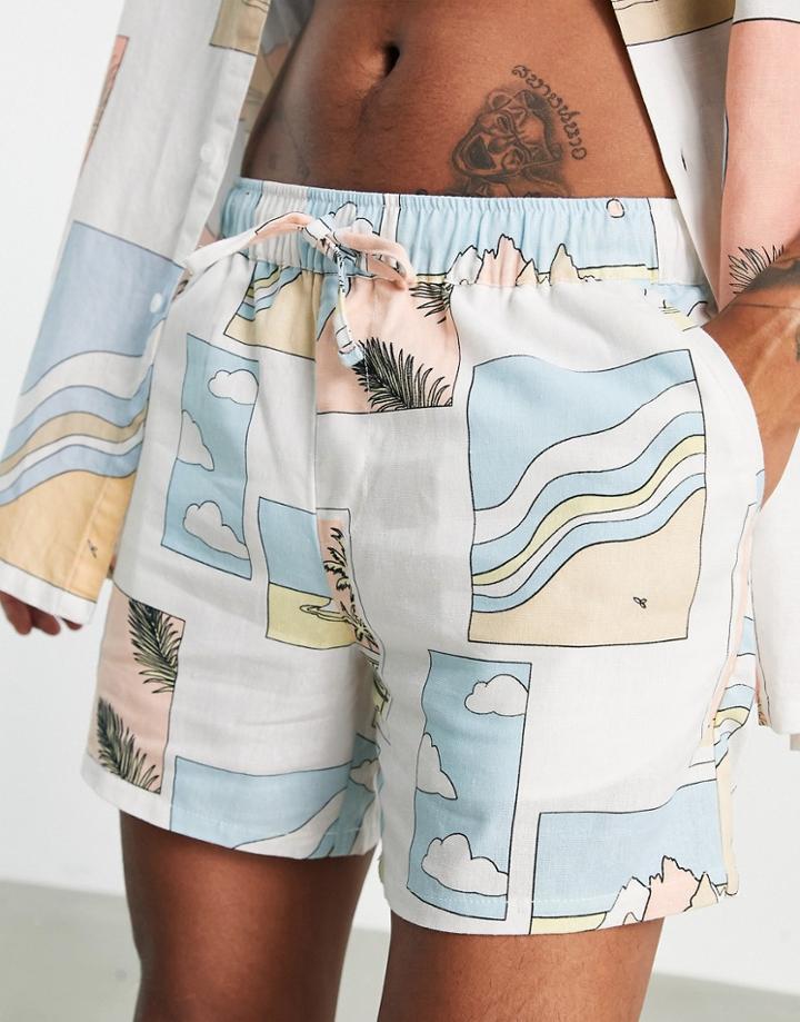 Asos Design Slim Shorts In Linen Mix Fabric With Postcard Print - Part Of A Set-neutral