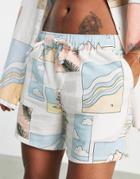 Asos Design Slim Shorts In Linen Mix Fabric With Postcard Print - Part Of A Set-neutral