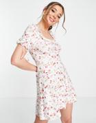 Miss Selfridge Square Neck Tie Sleeve Textured Mini Smock Dress In Fruit Print-multi
