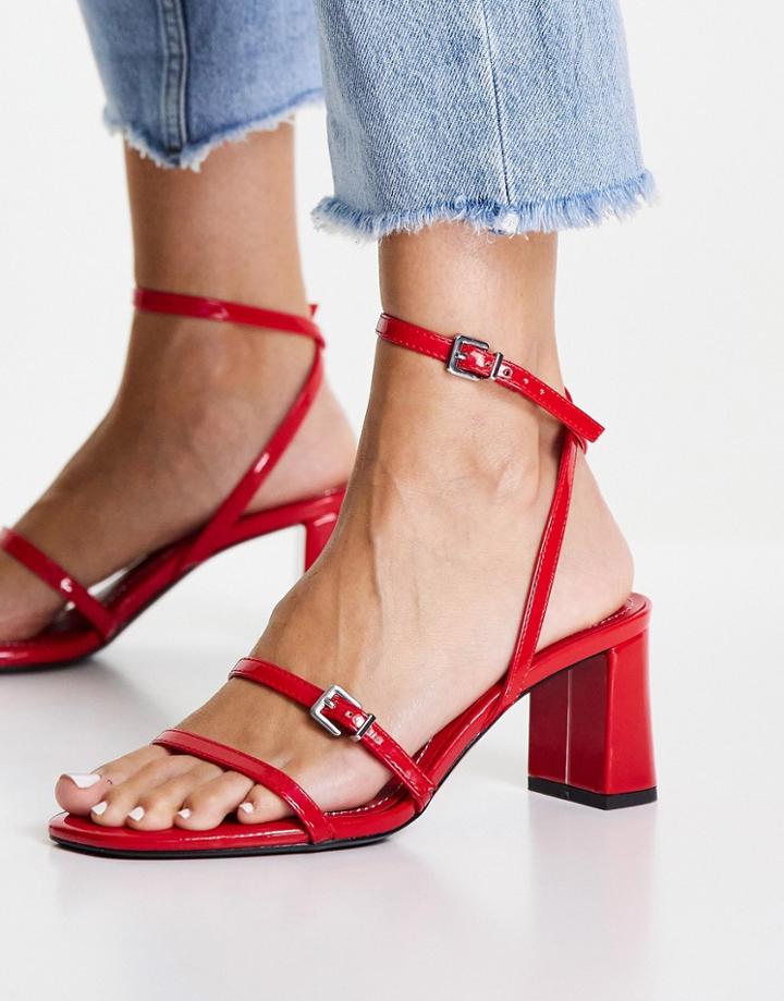 Bershka Mid Heel Strappy Patent Sandal In Red