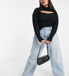 Asos Design Curve Split Front Long Sleeve Top With High Neck In Black Rib