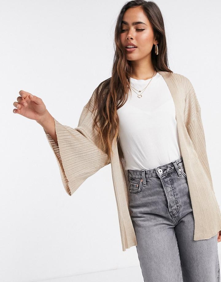 Mango Tie Waist Ribbed Cardigan In Light Beige-neutral