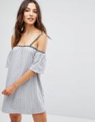 Pull & Bear Cold Shoulder Dress With Embroidered Trim - Blue