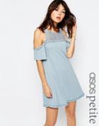 Asos Petite Cold Shoulder Dress With Crochet Detailing - Blue