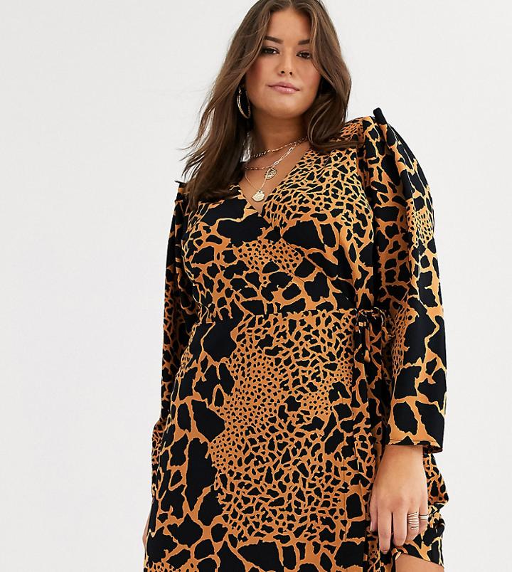 Asos Design Curve Wrap Mini Dress With Extreme Sleeves In Animal Print-multi