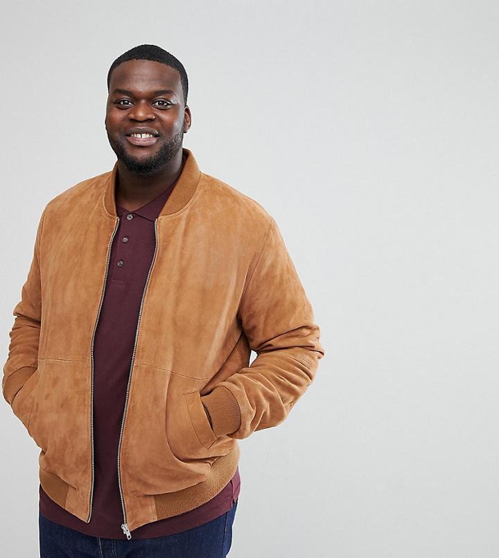 Asos Design Plus Suede Bomber Jacket In Tan - Tan