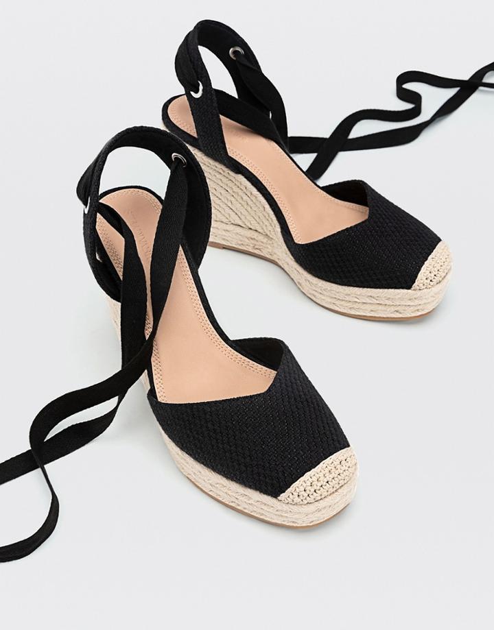 Stradivarius Espadrille Wedge Sandals In Black